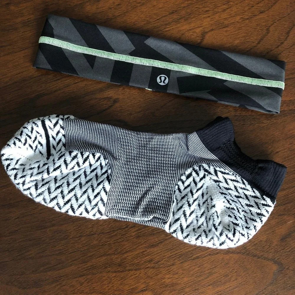Lululemon Micropillow Tab Socks M/L + Athletica Training BlkGrey Headband Sz OS